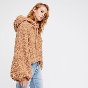 Free People Peekaboo Teddy Sweater Brown Hoodie Oversized Pullover Sz Large